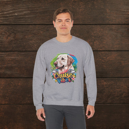 Man modeling a sport grey unisex heavy blend crewneck sweatshirt with bold Labrador dog lover graphic and relaxed everyday style.