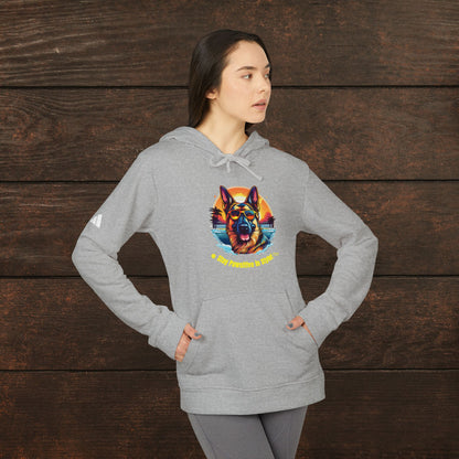 Woman posing in a grey heather adidas unisex fleece hoodie with colorful German Shepherd illustration and cozy casual fit.