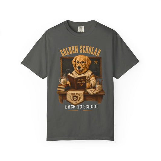 Golden Scholar Dog T-Shirt — "Back to School" Vintage Puppy Teacher Tee