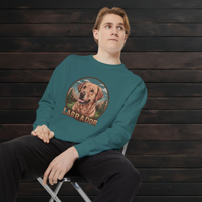 Man posing in a blue spruce unisex garment-dyed crewneck sweatshirt featuring Labrador Retriever artwork and retro-inspired pet lover design.