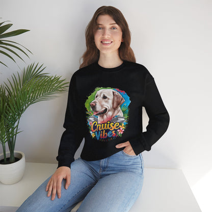 Woman modeling a black unisex heavy blend crewneck sweatshirt featuring colorful Labrador “Cruise Vibes” artwork and relaxed casual fit.
