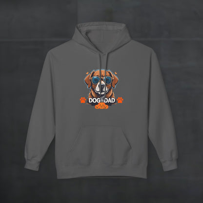 Charcoal gray hoodie mockup featuring a vibrant dog face graphic with “Dog Dad” text, cozy dog lover hoodie with modern colorful artwork and casual style.