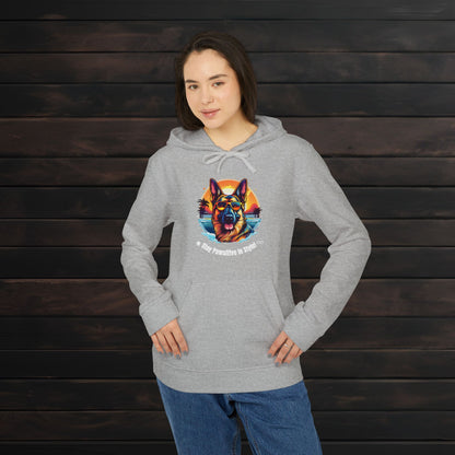 Woman modeling a Grey Heather adidas® unisex fleece hoodie with colorful dog lover design and motivational pet quote.