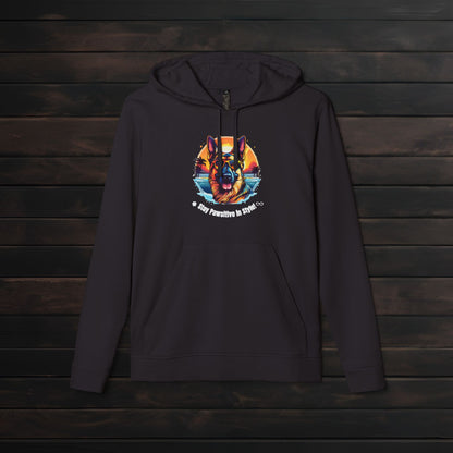 Black adidas® unisex fleece hoodie mockup featuring colorful dog lover artwork and “Stay Pawsitive in Style with PET PRINT LAB!” design on a dark wood backdrop.