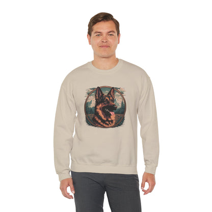 Man modeling a sand unisex German Shepherd crewneck sweatshirt featuring bold German Shepherd illustration and cozy fit.