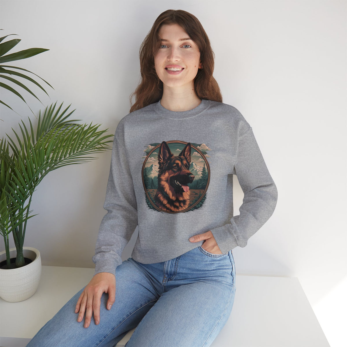 Woman modeling a graphite heather unisex German Shepherd crewneck sweatshirt with bold canine graphic and cozy everyday style.