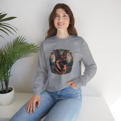 Woman modeling a graphite heather unisex German Shepherd crewneck sweatshirt with bold canine graphic and cozy everyday style.