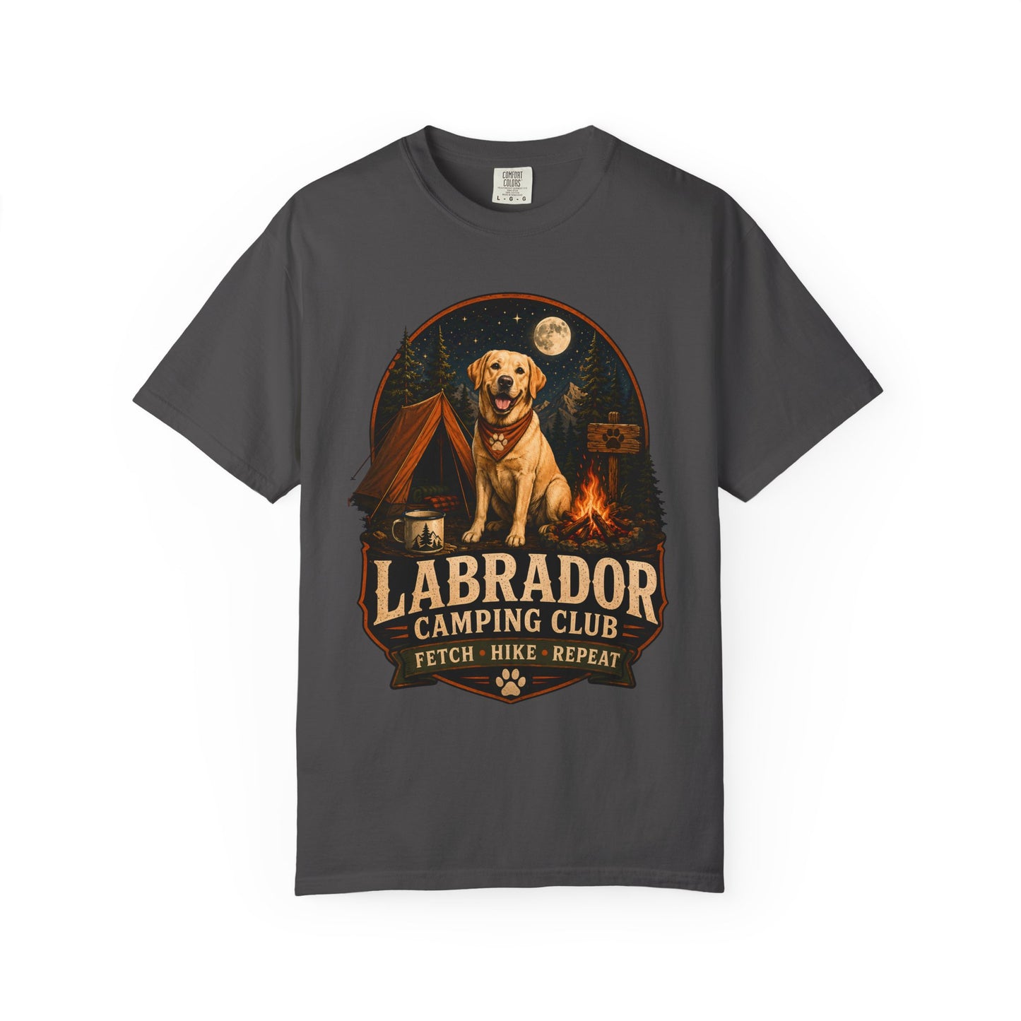 Labrador Camping Club T-Shirt — "Fetch • Hike • Repeat" Dog Lover Tee