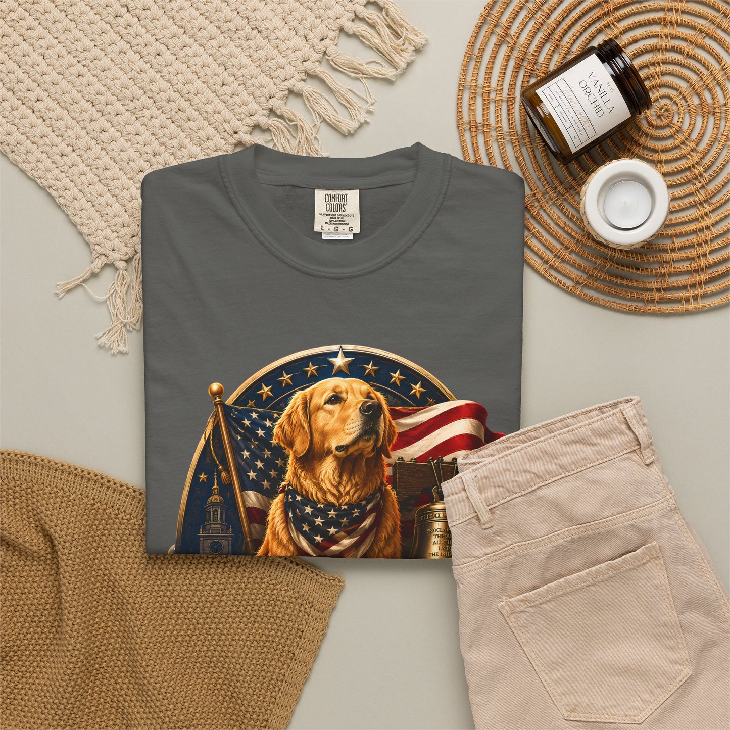 T-Shirt — 250 Years of Freedom Patriotic Dog Tee (American Flag, Liberty Bell)