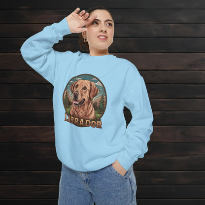 Woman wearing a chambray unisex garment-dyed crewneck sweatshirt with colorful Labrador dog graphic and casual pet lover style.