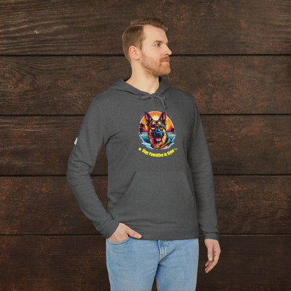 Man wearing a dark grey heather adidas unisex fleece hoodie with vibrant German Shepherd illustration and stylish pet lover theme.