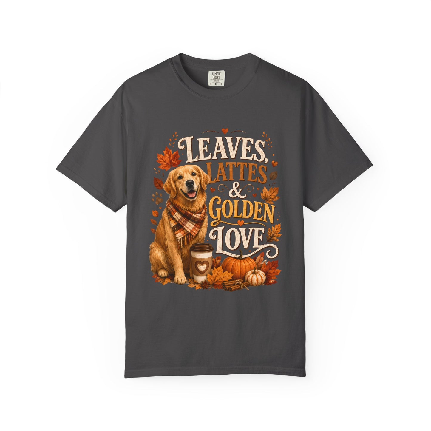 Leaves Lattes & Golden Love T-Shirt — Cute Fall Golden Retriever Tee