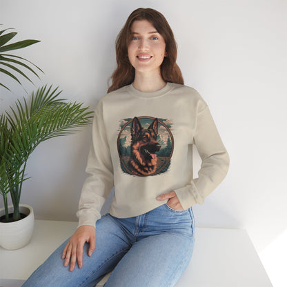 Woman wearing a sand unisex German Shepherd crewneck sweatshirt with detailed canine artwork and relaxed casual styling.