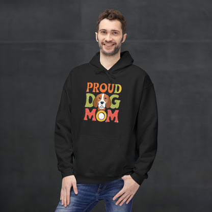 Man wearing a black “Proud Dog Mom” hoodie with colorful retro typography design, trendy dog lover hoodie mockup with casual cozy style.