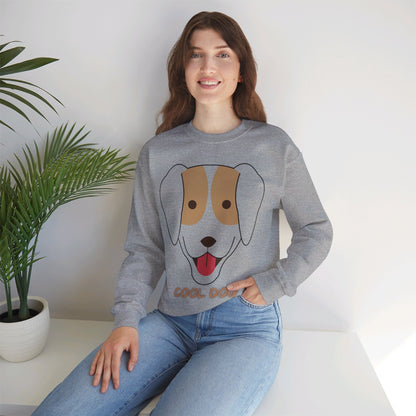 Woman wearing a sport grey unisex heavy blend crewneck sweatshirt featuring cute “Cool Dog” artwork and relaxed casual style.