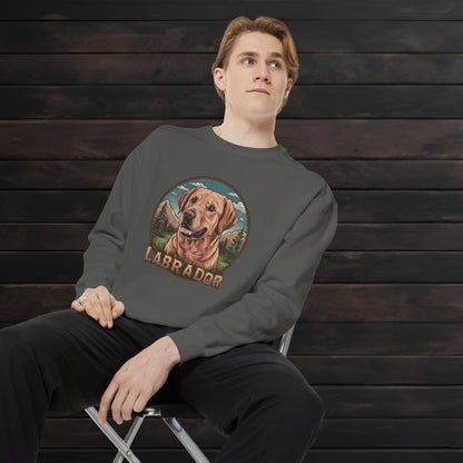 Man modeling a pepper unisex garment-dyed crewneck sweatshirt featuring Labrador Retriever graphic artwork and cozy everyday style.