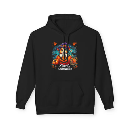 Black Halloween hoodie featuring a cute puppy in a witch hat sitting inside a glowing jack-o’-lantern with pumpkins, paw prints, and “Happy Halloween” text, cozy festive dog lover hoodie mockup for fall and Halloween apparel.