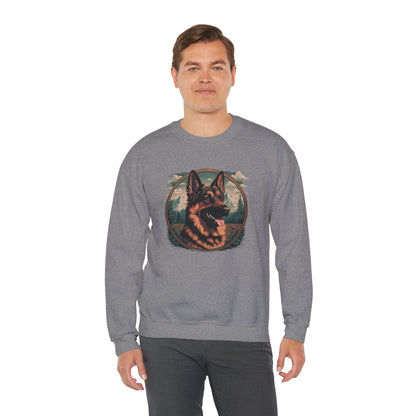 Man wearing a sport grey unisex German Shepherd crewneck sweatshirt featuring detailed German Shepherd artwork and relaxed fit.
