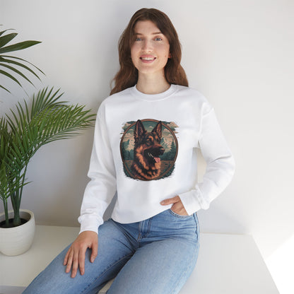 Woman posing in a white unisex German Shepherd crewneck sweatshirt featuring vibrant dog lover artwork and cozy casual design.