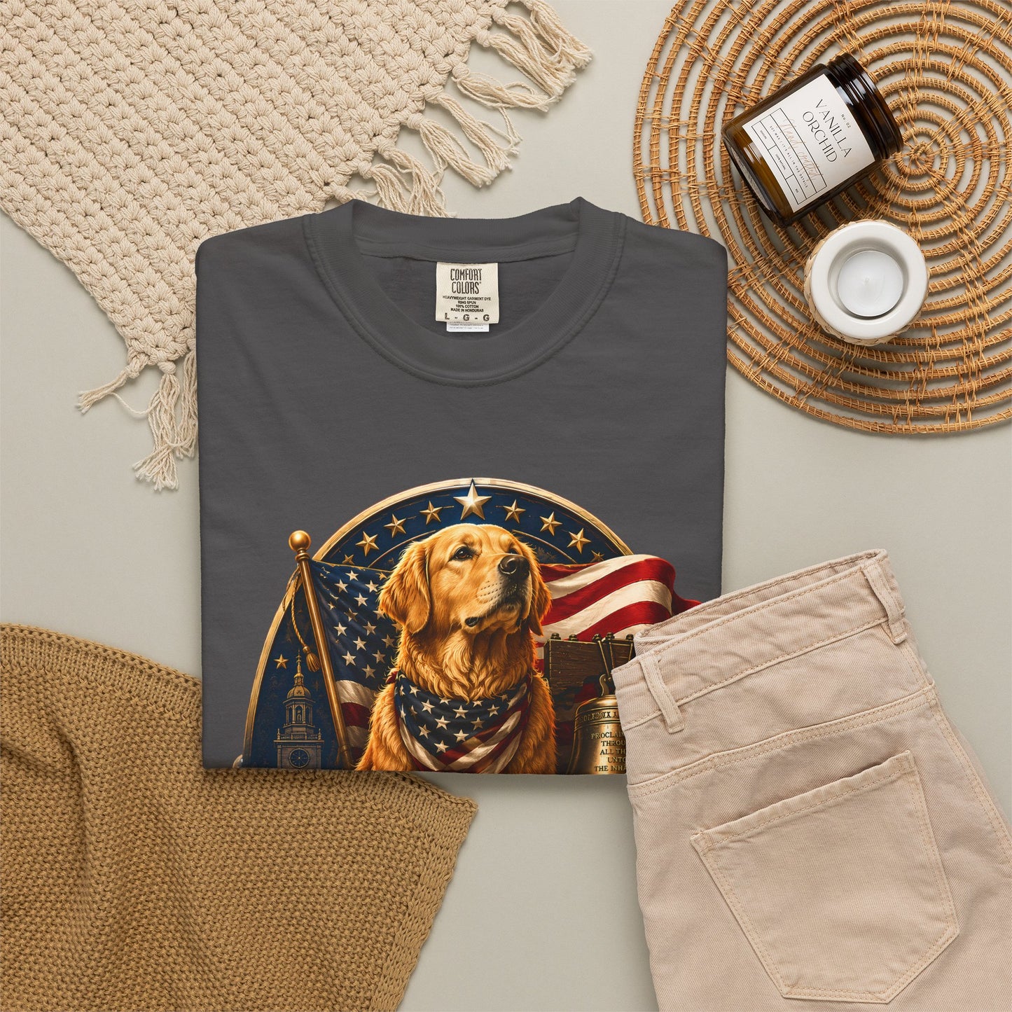 T-Shirt — 250 Years of Freedom Patriotic Dog Tee (American Flag, Liberty Bell)