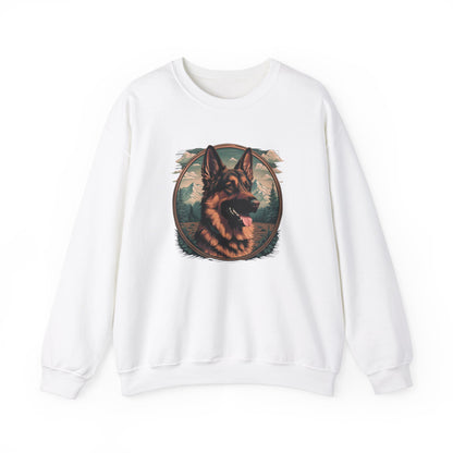 White unisex German Shepherd crewneck sweatshirt displayed flat with detailed dog artwork and classic casual style.