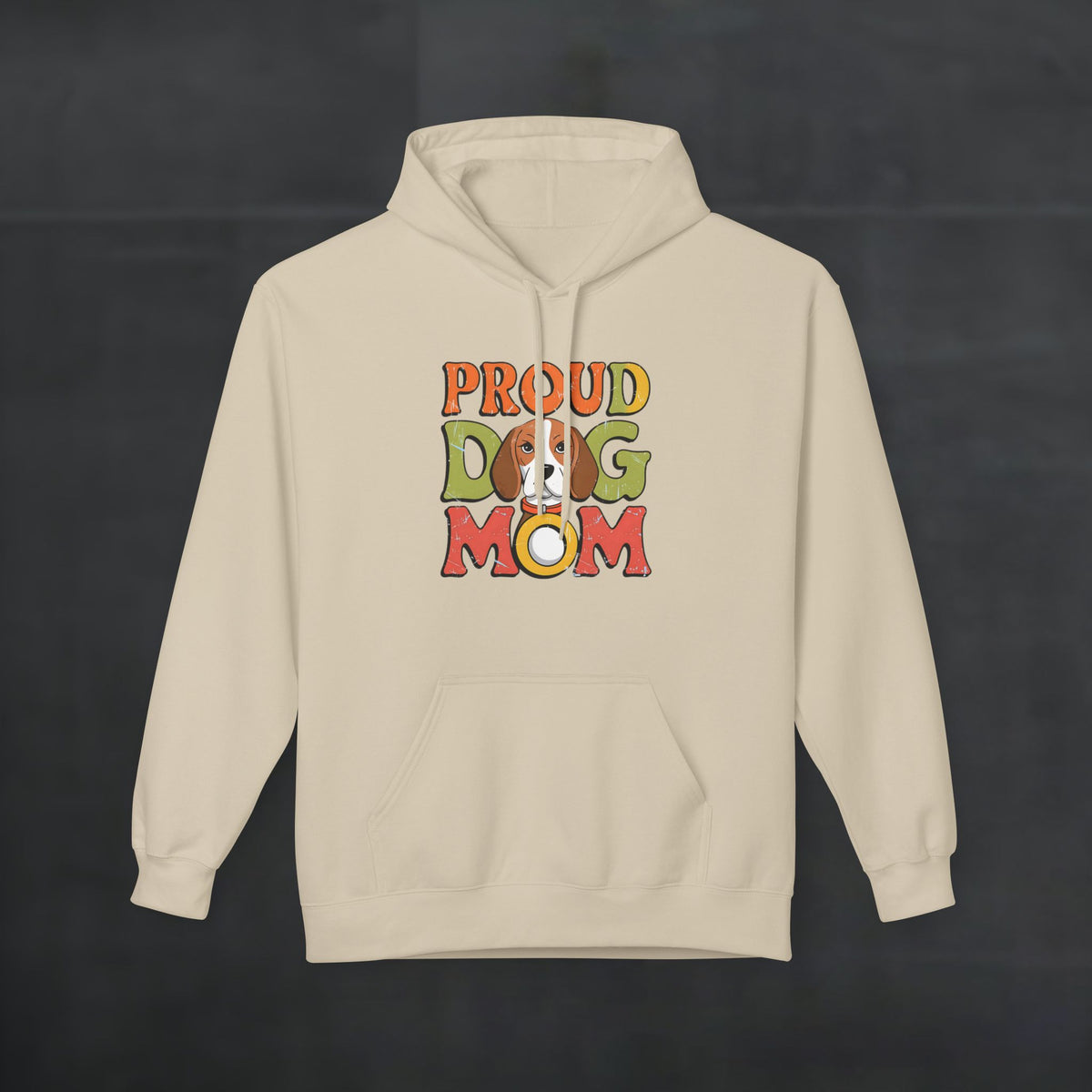Sand-colored hoodie mockup featuring colorful “Proud Dog Mom” text design, warm and cozy dog mom hoodie with vibrant retro lettering. On dark background 