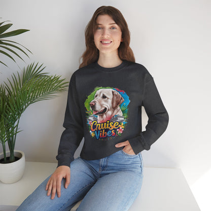 Woman modeling a dark heather unisex heavy blend crewneck sweatshirt featuring colorful Labrador cruise-themed artwork and relaxed fit.