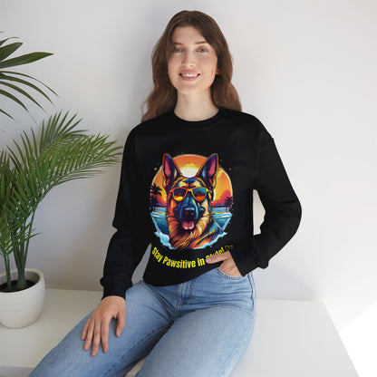 Woman modeling a black unisex heavy blend crewneck sweatshirt featuring vibrant German Shepherd artwork and colorful dog lover design.