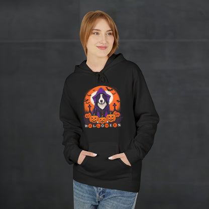 Woman wearing a black Halloween hoodie featuring a spooky dog in a purple hooded costume with pumpkins, bats, and Halloween lettering, cozy festive dog lover hoodie mockup with casual autumn fashion style.