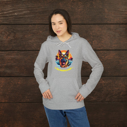 Woman modeling a grey heather adidas unisex fleece hoodie with colorful German Shepherd graphic and “Pawsitive Vibes” design.