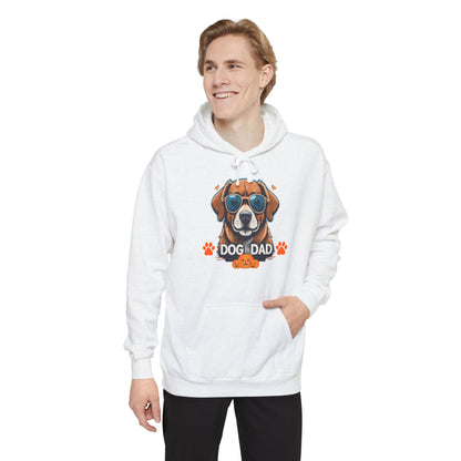 Man wearing a white unisex “Dog Dad” hoodie with colorful dog face graphic and sunglasses artwork, comfortable pet lover hoodie mockup with relaxed fit.