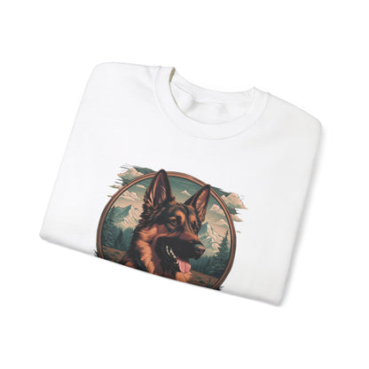 Folded white unisex German Shepherd crewneck sweatshirt featuring close-up German Shepherd graphic print and soft fabric texture.