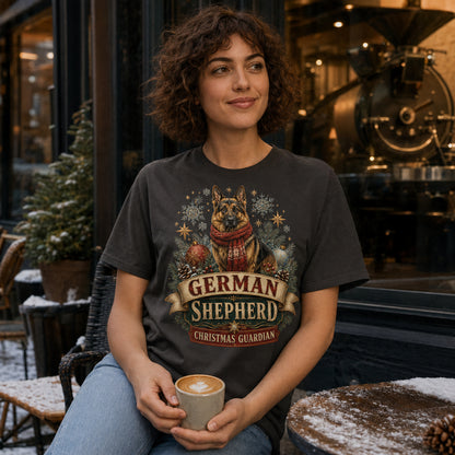 Model wearing a graphite Christmas Guardian t-shirt with a German Shepherd in a Christmas scene