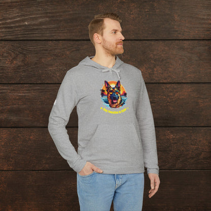 Man wearing a grey heather adidas unisex fleece hoodie featuring vibrant German Shepherd dog artwork and casual pet lover style.