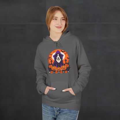 Woman wearing a charcoal gray Halloween hoodie featuring a spooky dog in a purple hooded costume with pumpkins, bats, and Halloween lettering, cozy festive dog lover hoodie mockup with casual autumn fashion style.