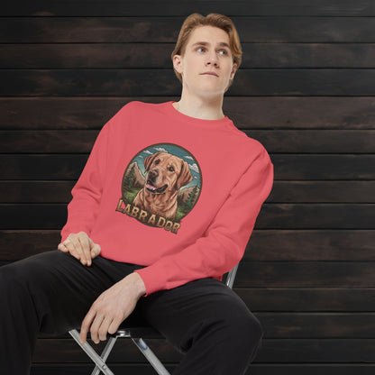 Man wearing a watermelon unisex garment-dyed crewneck sweatshirt featuring colorful Labrador Retriever artwork and trendy casual look.