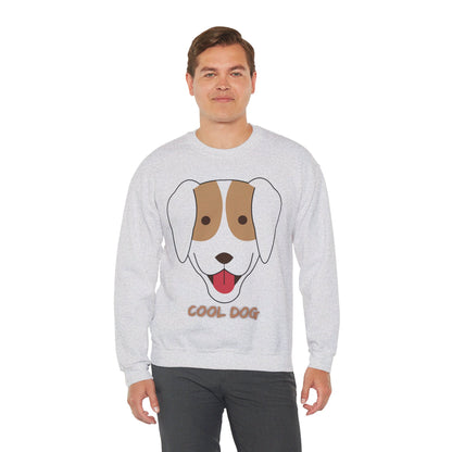 Man wearing an ash unisex heavy blend crewneck sweatshirt with playful “Cool Dog” illustration and casual cozy fit.