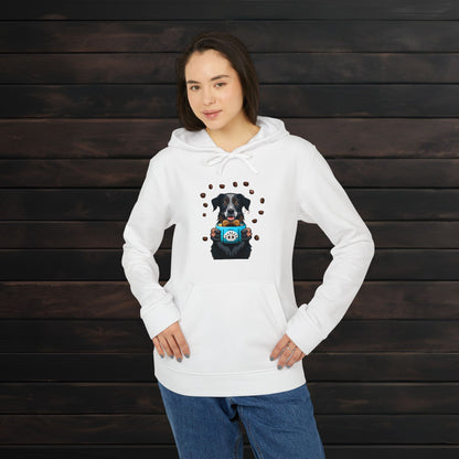 Woman posing in a white adidas unisex fleece hoodie with cute coffee and canine themed artwork and casual cozy styling.