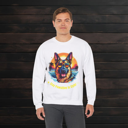 Man modeling a white unisex heavy blend crewneck sweatshirt with vibrant German Shepherd illustration and comfortable fit.