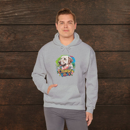 Man wearing a sport grey unisex heavy blend hooded sweatshirt featuring vibrant Labrador “Cruise Vibes” artwork and colorful dog lover print.