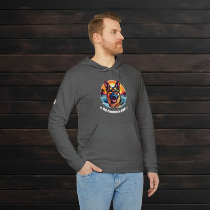 Man wearing a Dark Grey Heather adidas® unisex fleece hoodie featuring colorful dog artwork and “Stay Pawsitive in Style with PET PRINT LAB!” text.