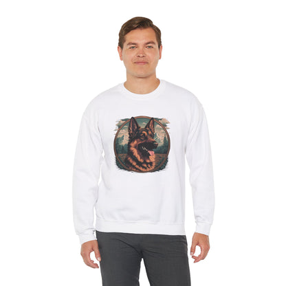 Man modeling a white unisex German Shepherd crewneck sweatshirt with bold German Shepherd illustration and comfortable fit.