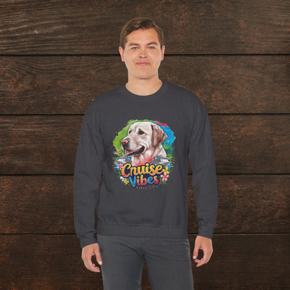 Man wearing a dark heather unisex heavy blend crewneck sweatshirt with vibrant Labrador “Cruise Vibes” illustration and cozy style.