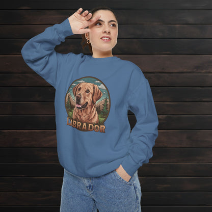 Woman posing in a blue jean unisex garment-dyed crewneck sweatshirt with Labrador dog lover artwork and vintage-inspired design.