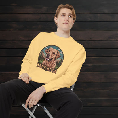 Man wearing a butter yellow unisex garment-dyed crewneck sweatshirt featuring Labrador Retriever artwork and vintage-inspired dog lover design.