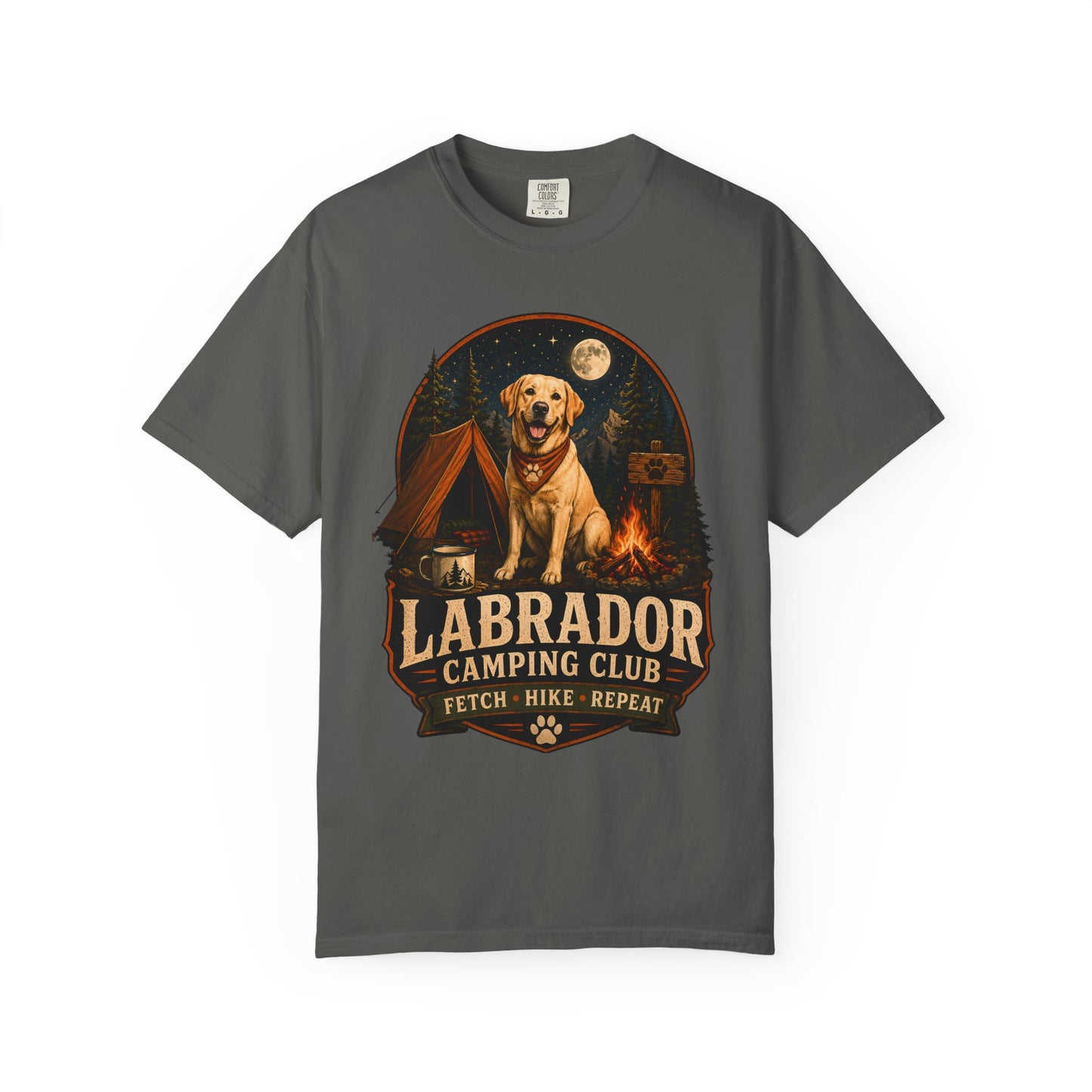Labrador Camping Club T-Shirt — "Fetch • Hike • Repeat" Dog Lover Tee