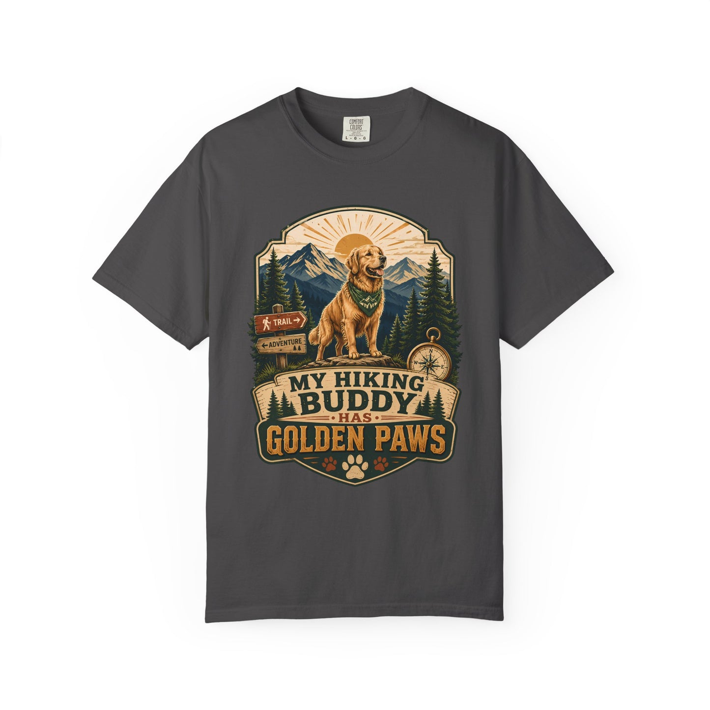 Golden Retriever Hiking T-Shirt — "My Hiking Buddy Has Golden Paws" Outdoor Dog Lover Tee