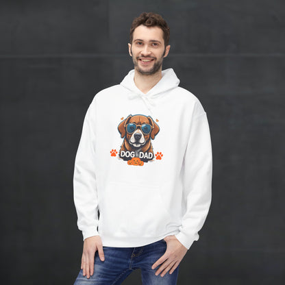 Man wearing a white “Dog Dad” hoodie with colorful dog face graphic and “Dog Dad” text, cozy pet lover hoodie mockup with casual fashion style.
