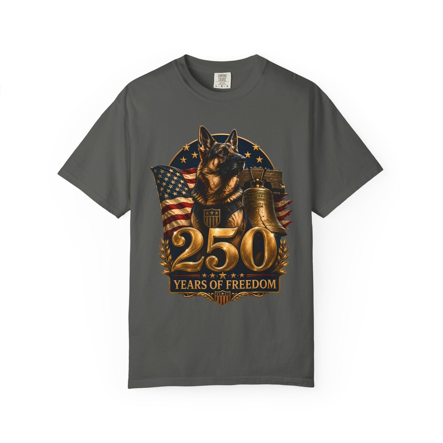 250 Years of Freedom Patriotic T-Shirt — American Flag, Liberty Bell & K9 Tribute