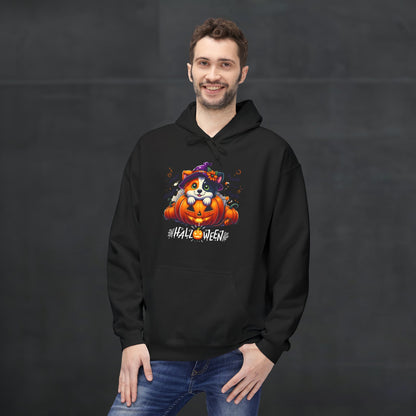 Man wearing a black Halloween hoodie featuring a cute puppy in a witch hat surrounded by pumpkins and spooky Halloween text, festive dog lover hoodie mockup with cozy autumn style.